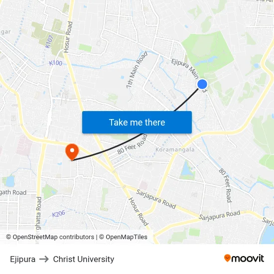 Ejipura to Christ University map