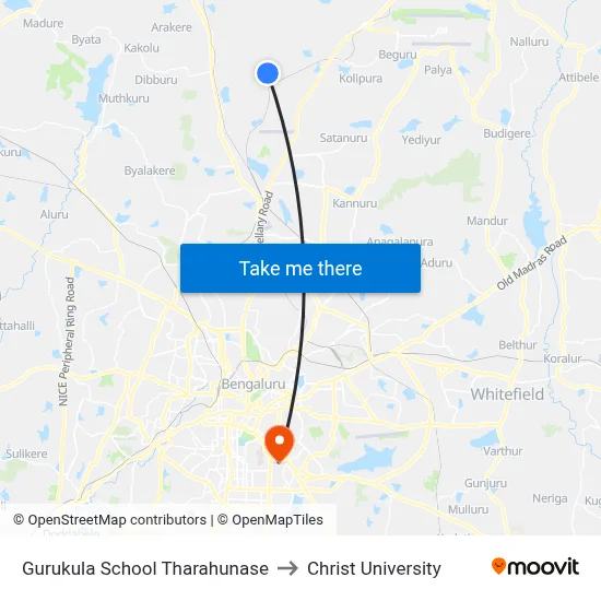 Gurukula School Tharahunase to Christ University map