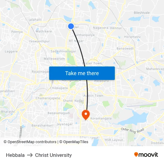 Hebbala to Christ University map
