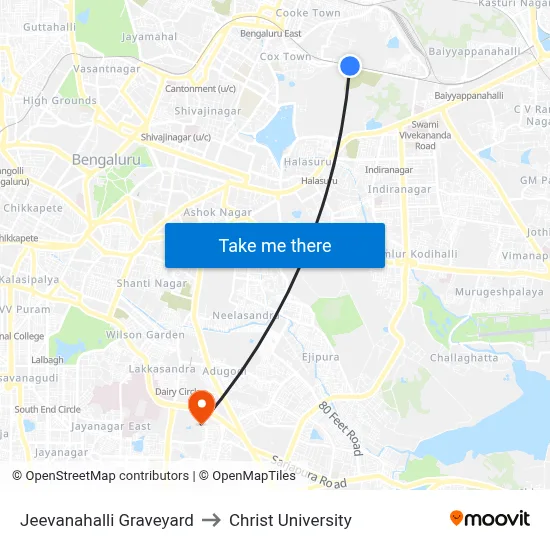 Jeevanahalli Graveyard to Christ University map