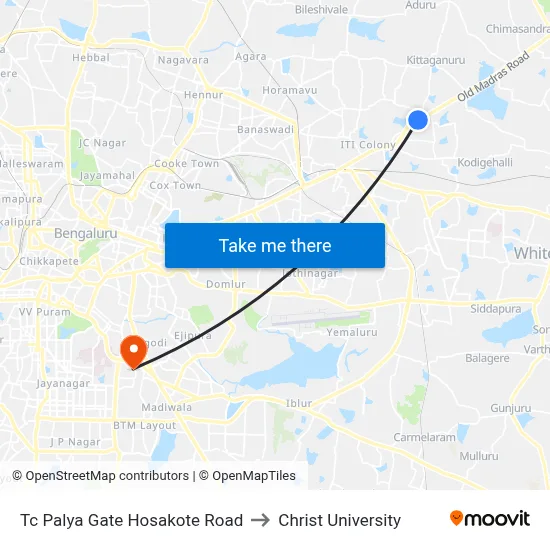 Tc Palya  Gate Hosakote Road to Christ University map