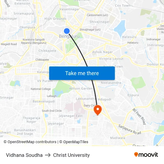 Vidhana Soudha to Christ University map