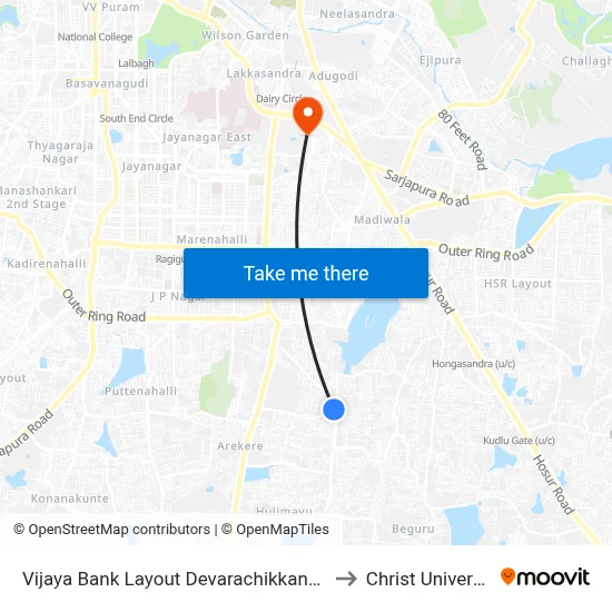 Vijaya Bank Layout Devarachikkanahalli to Christ University map