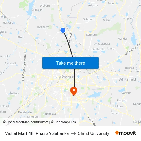 Vishal Mart 4th Phase Yelahanka to Christ University map