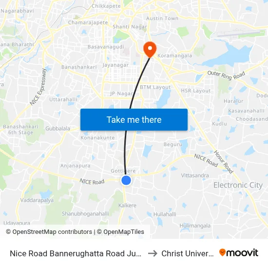Nice Road Bannerughatta Road Junction to Christ University map