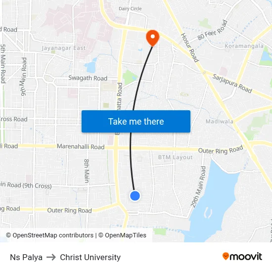 Ns Palya to Christ University map