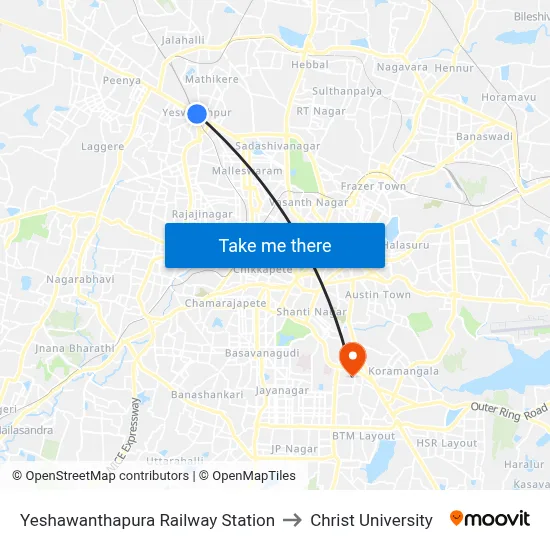 Yeshawanthapura Railway Station to Christ University map