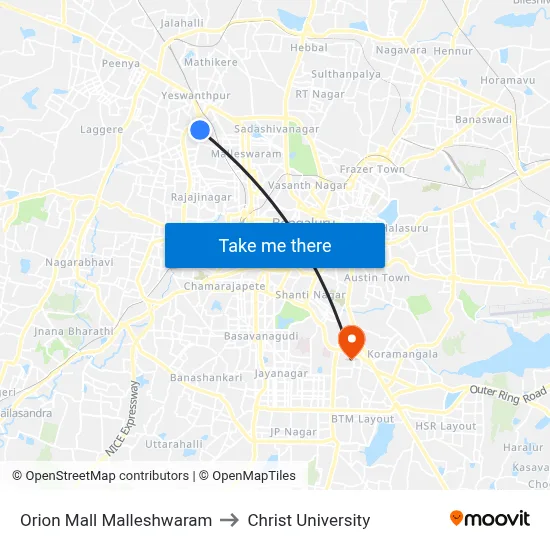 Orion Mall Malleshwaram to Christ University map