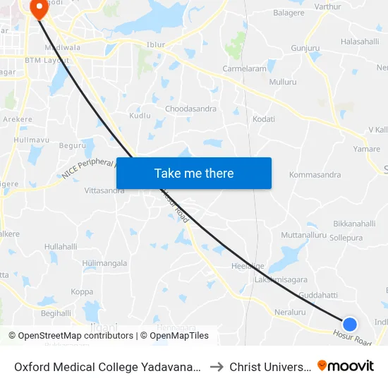 Oxford Medical College Yadavanahalli to Christ University map
