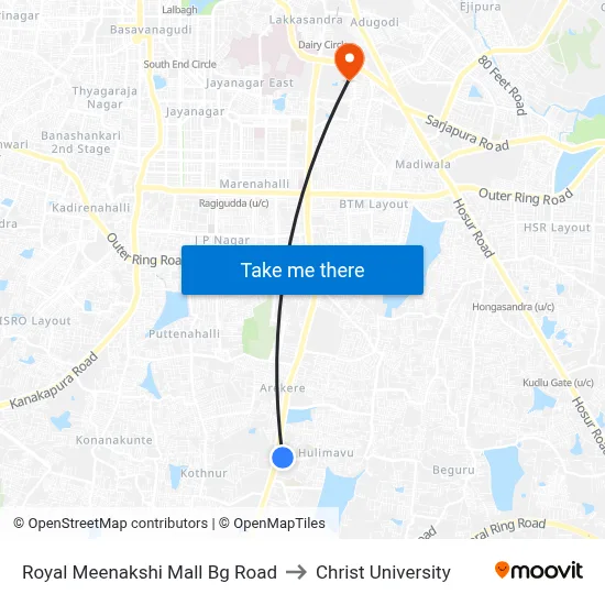 Royal Meenakshi Mall Bg Road to Christ University map