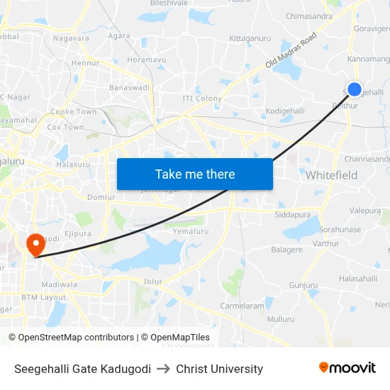 Seegehalli Gate Kadugodi to Christ University map