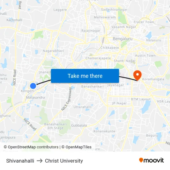 Shivanahalli to Christ University map