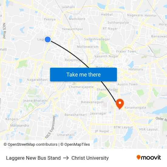 Laggere New Bus Stand to Christ University map