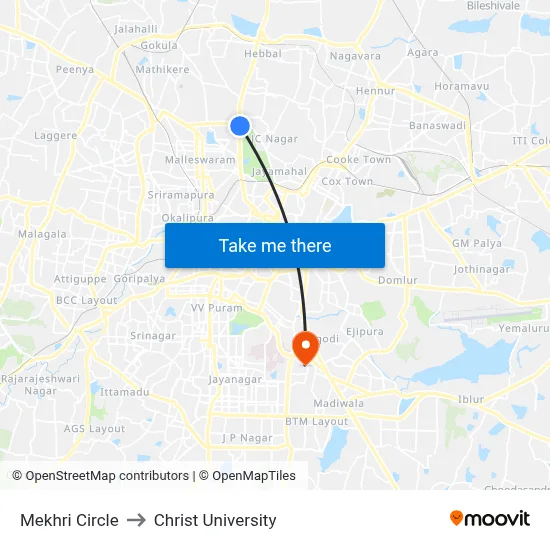 Mekhri Circle to Christ University map