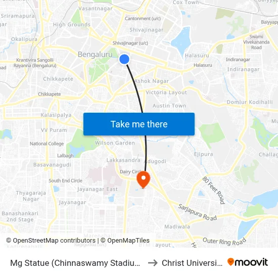 Mg Statue (Chinnaswamy Stadium) to Christ University map
