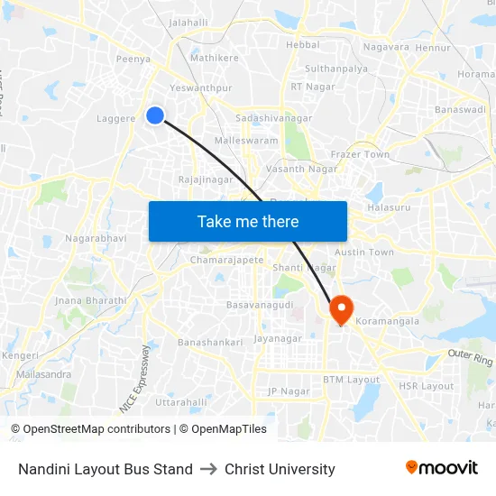 Nandini Layout Bus Stand to Christ University map