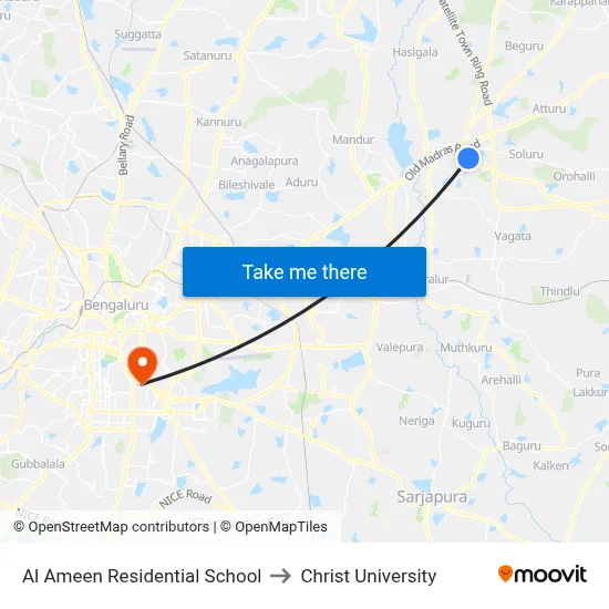 Al Ameen Residential School to Christ University map