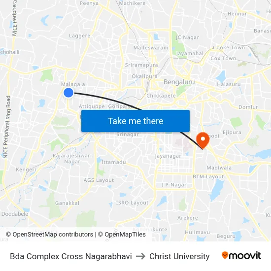 Bda Complex Cross Nagarabhavi to Christ University map