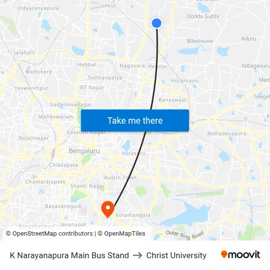 K Narayanapura Main Bus Stand to Christ University map