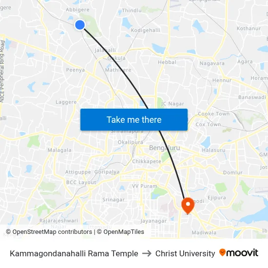 Kammagondanahalli Rama Temple to Christ University map