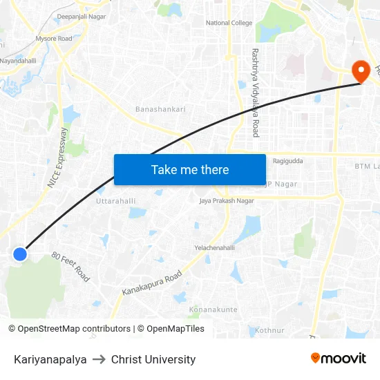 Kariyanapalya to Christ University map