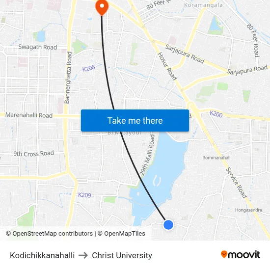 Kodichikkanahalli to Christ University map