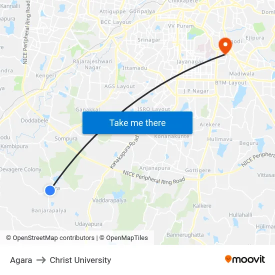 Agara to Christ University map