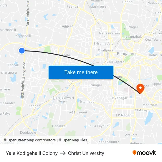 Yale Kodigehalli Colony to Christ University map