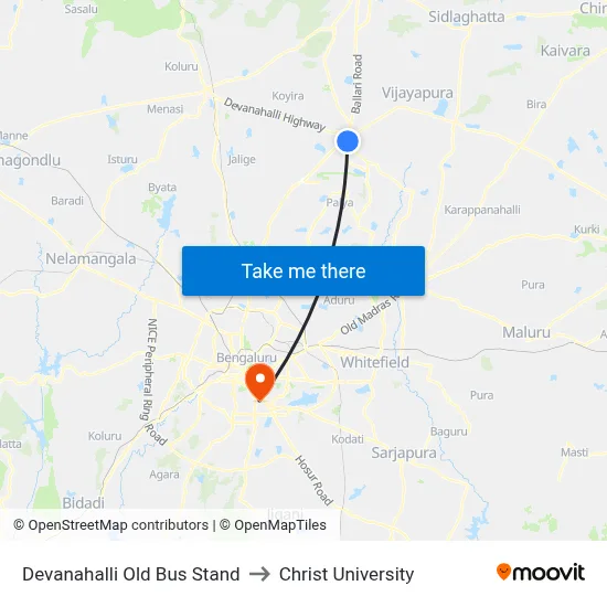 Devanahalli Old Bus Stand to Christ University map