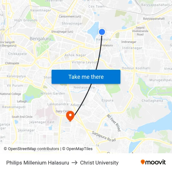 Philips Millenium Halasuru to Christ University map