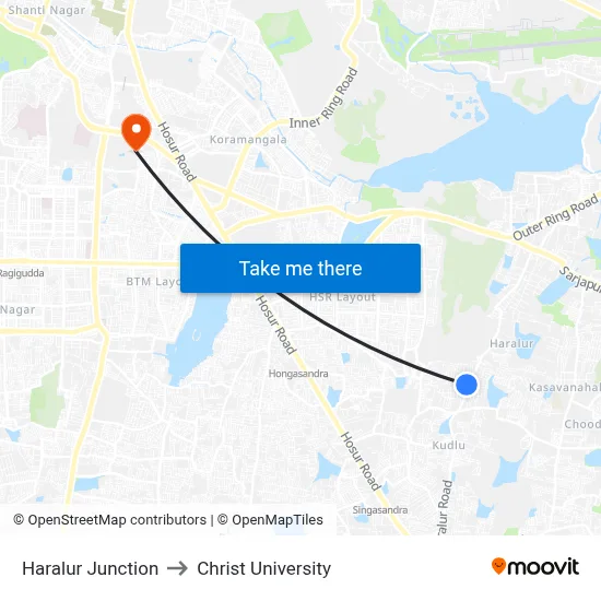 Haralur Junction to Christ University map