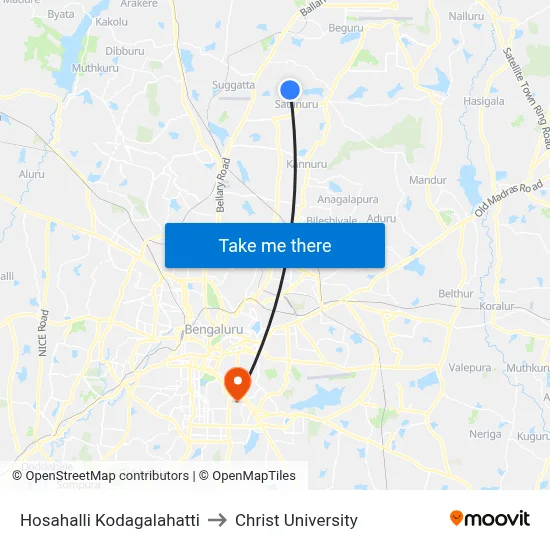 Hosahalli Kodagalahatti to Christ University map