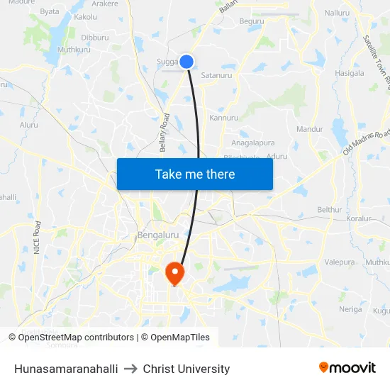 Hunasamaranahalli to Christ University map
