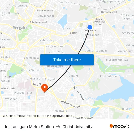 Indiranagara Metro Station to Christ University map