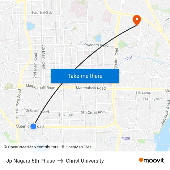 Jp Nagara 6th Phase to Christ University map
