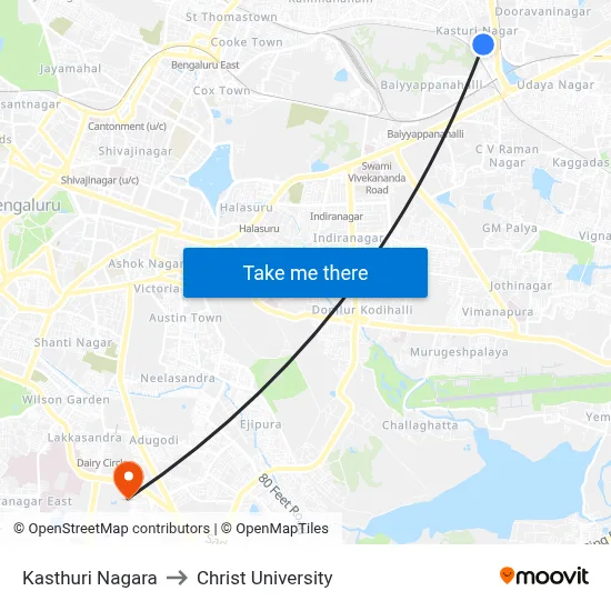 Kasthuri Nagara to Christ University map