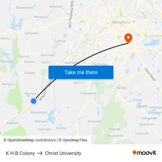 K H B Colony to Christ University map