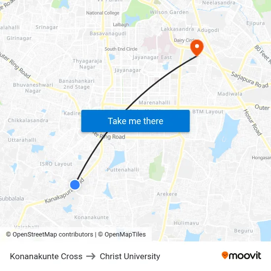 Konanakunte Cross to Christ University map
