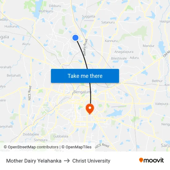 Mother Dairy Yelahanka to Christ University map