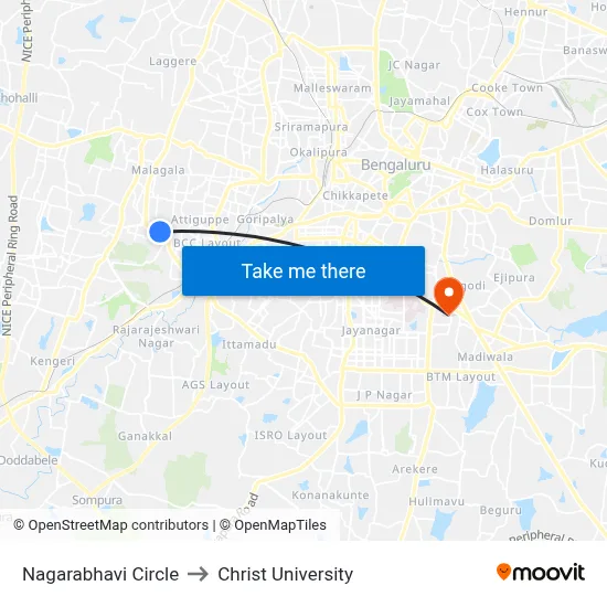 Nagarabhavi Circle to Christ University map