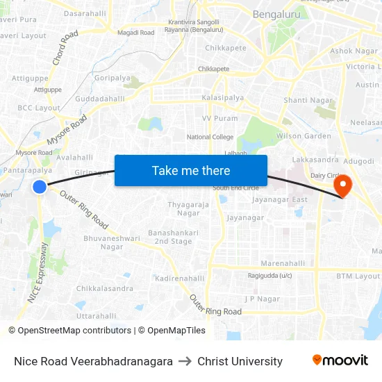 Nice Road Veerabhadranagara to Christ University map