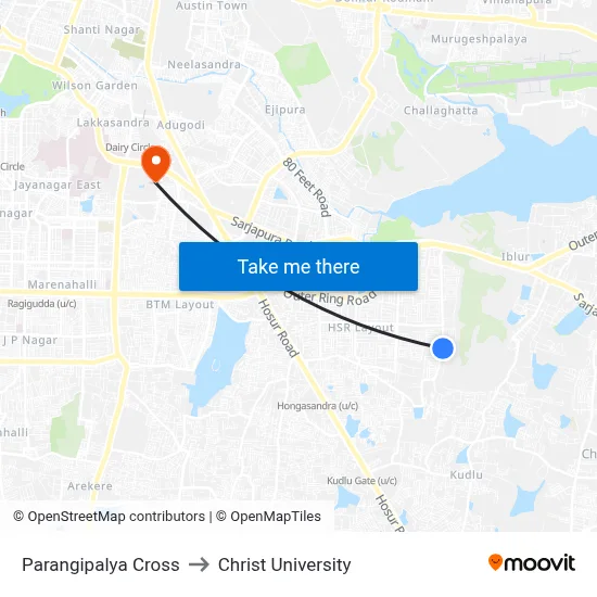 Parangipalya Cross to Christ University map