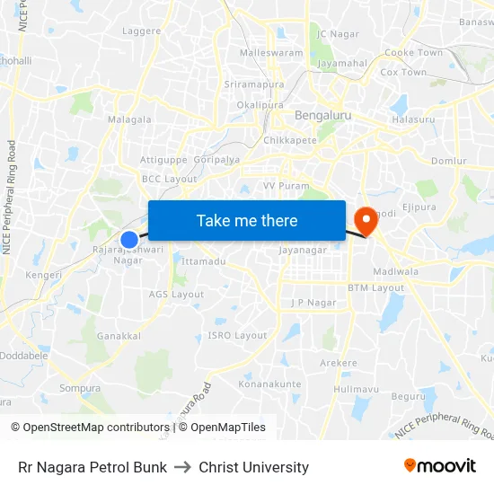 Rr Nagara Petrol Bunk to Christ University map