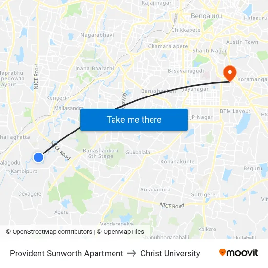 Provident Sunworth Apartment to Christ University map