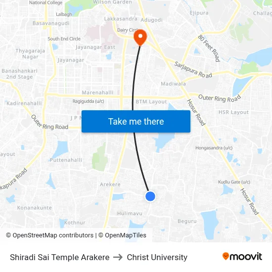Shiradi Sai Temple Arakere to Christ University map