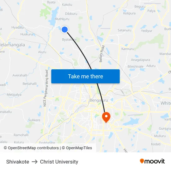 Shivakote to Christ University map