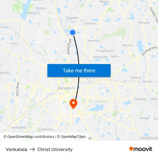 Venkatala to Christ University map