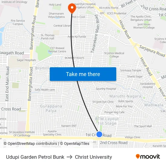 Udupi Garden Petrol Bunk to Christ University map