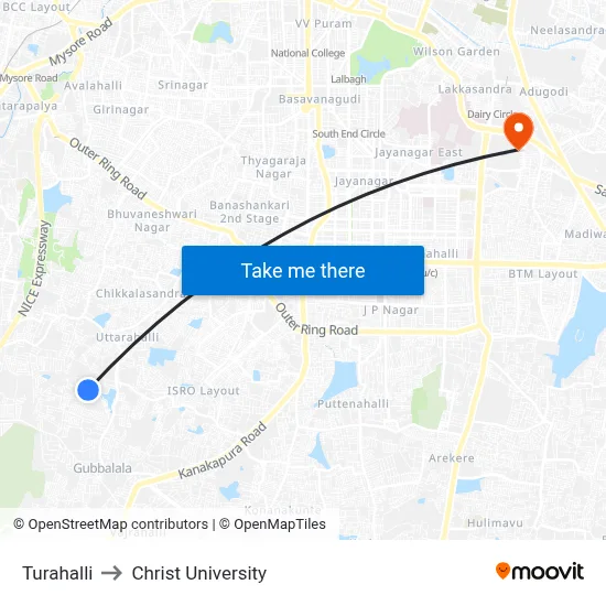 Turahalli to Christ University map