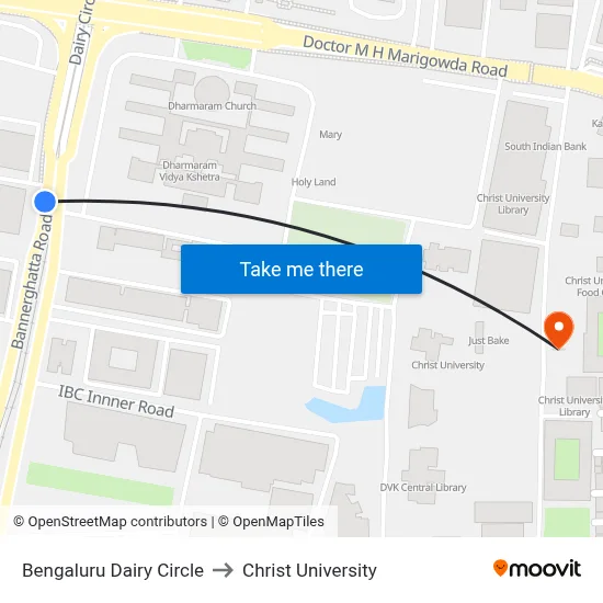 Bengaluru Dairy Circle to Christ University map